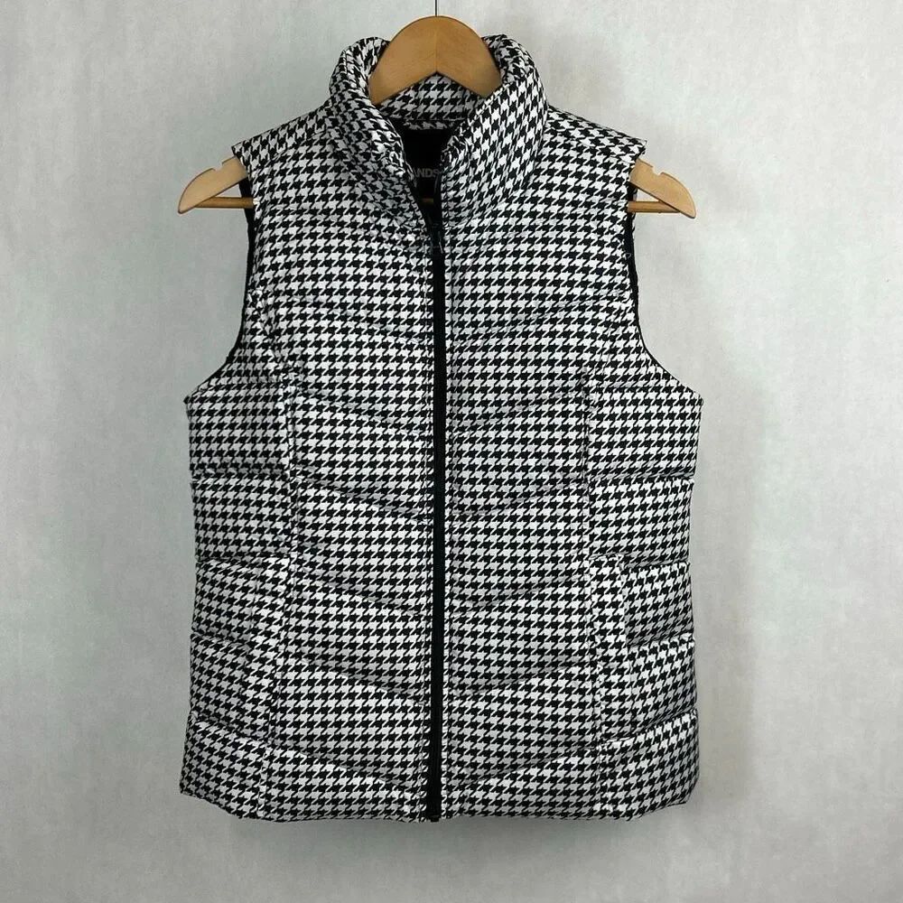 Lands' End Puffer Vest Womens Sz Small 6-8 Black White Houndstooth Check Zip Fro